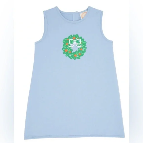 The Beaufort Bonnet Co Annie Apron Shift Dress Blue Wreath Pearl Bow 12 NWT - Picture 2 of 8